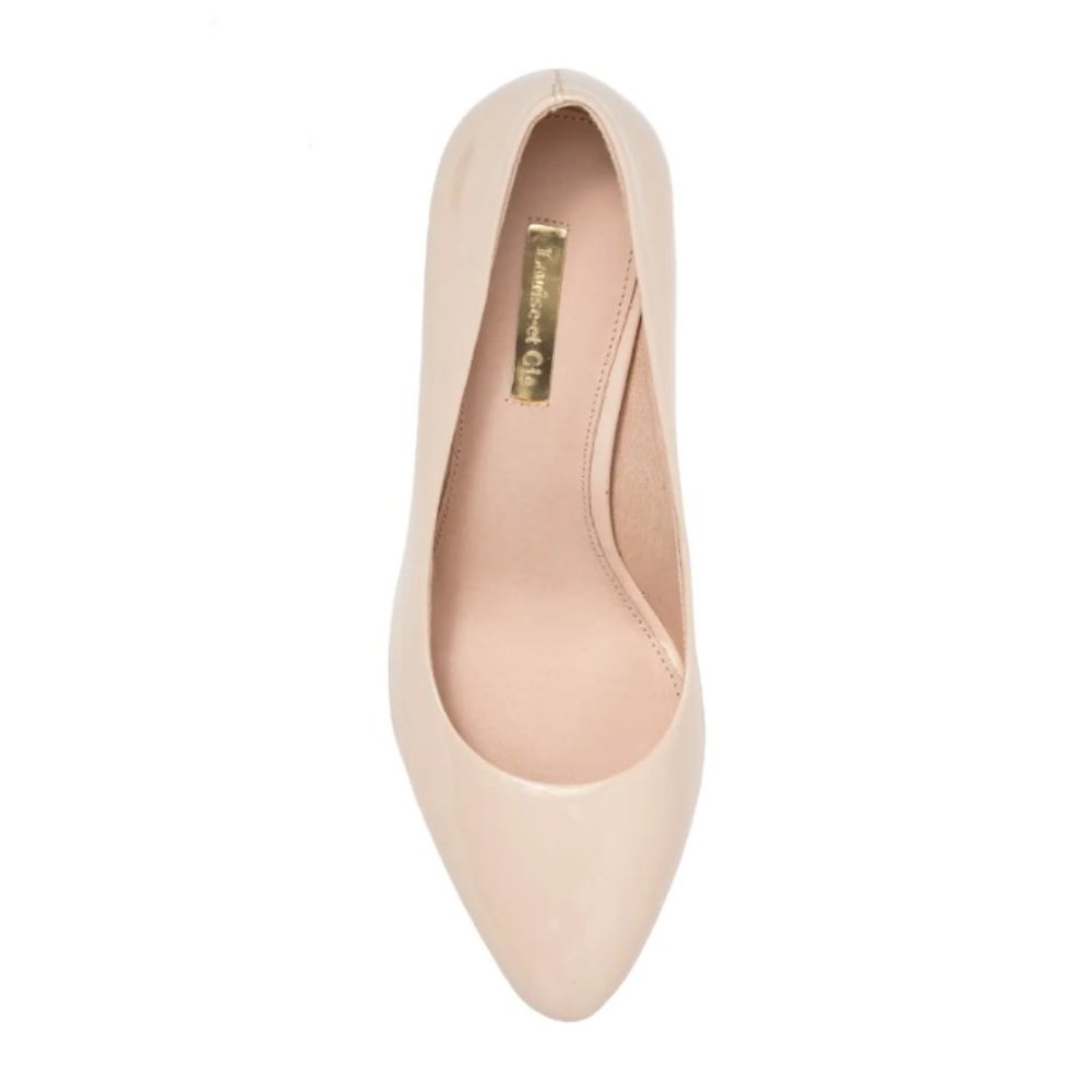 NEW Louise Et Cie Women Landon Geometric Column Heel Patent Nude Point Toe Pump - Picture 4 of 5
